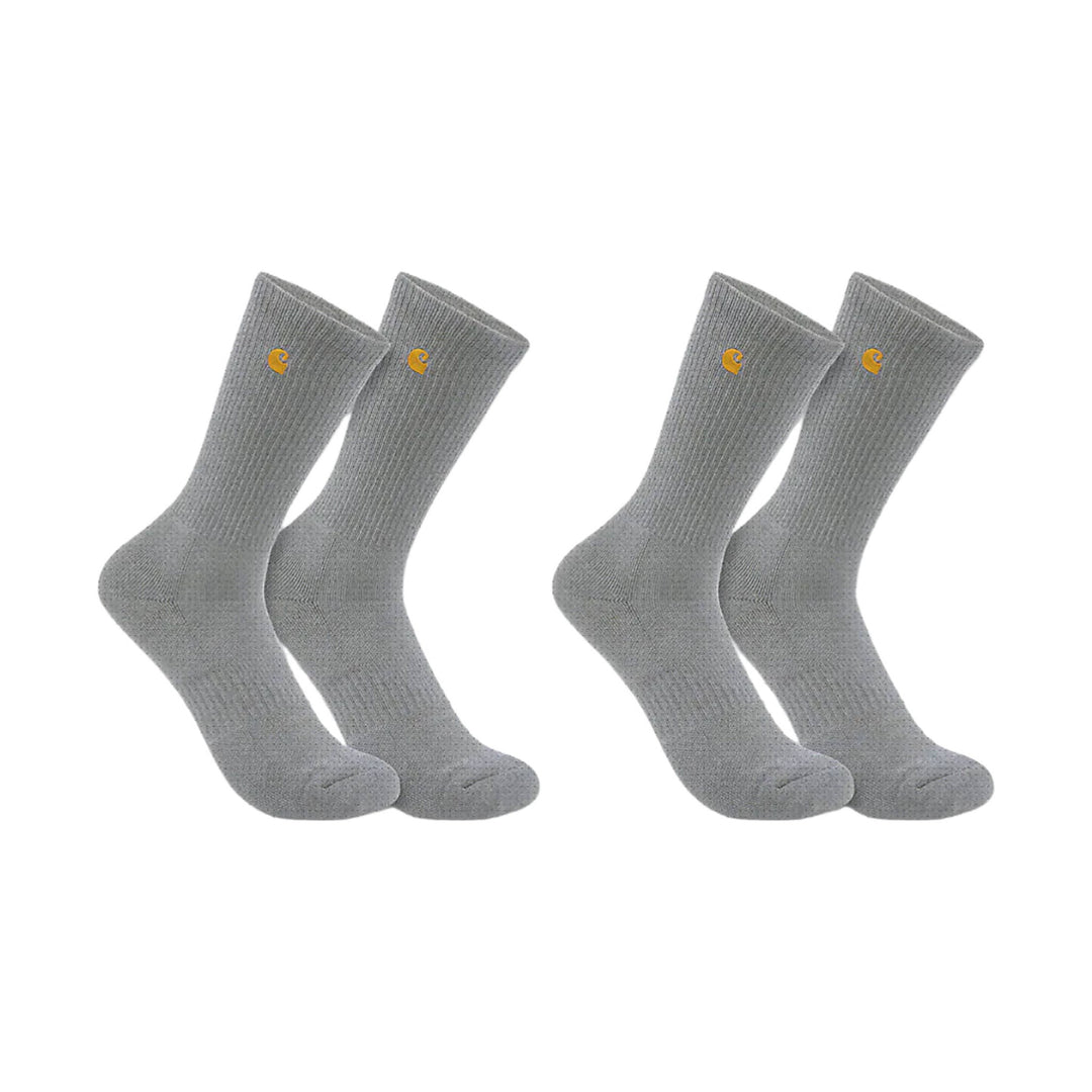 Two pairs of heather gray crew socks with yellow Carhartt logos
