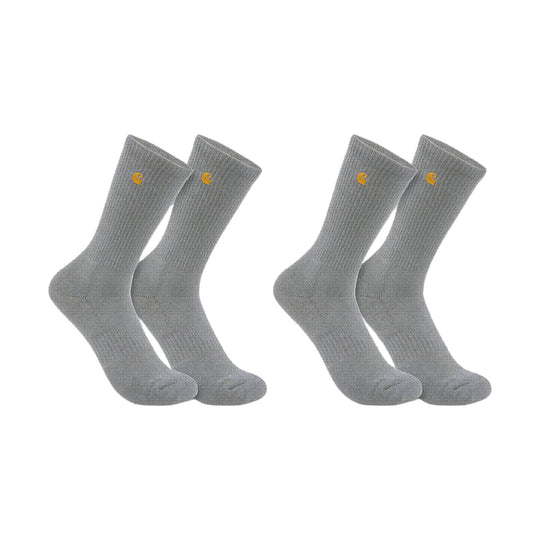 Two pairs of heather gray crew socks with yellow Carhartt logos