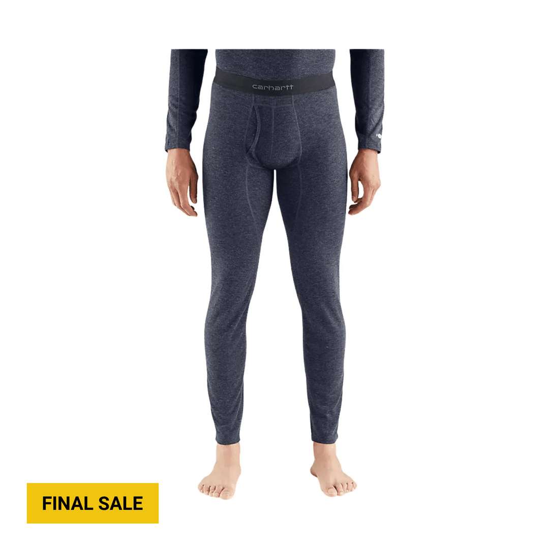 Navy men’s long base layer pants with visible Carhartt waistband logo