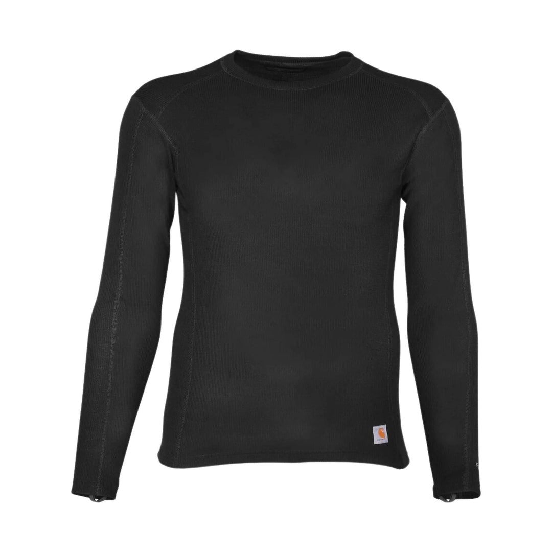 Black long-sleeve crewneck base layer shirt with a small hem logo patch