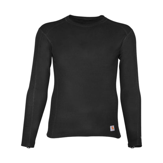 Black long-sleeve crewneck base layer shirt with a small hem logo patch