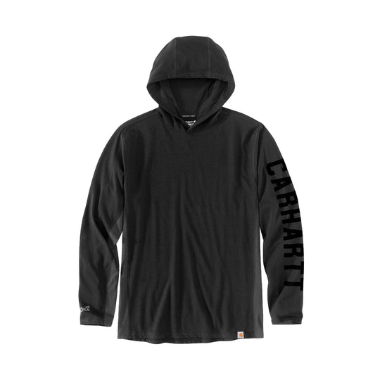 Black long-sleeve hooded shirt with large vertical sleeve lettering