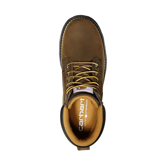 Brown lace-up work boot viewed from above with black sole and visible "carhartt" branding inside
