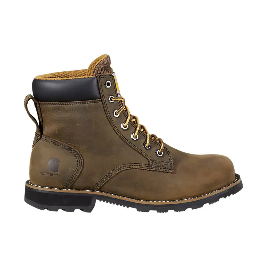 Brown lace-up work boot with a padded collar, metal eyelets, and a black lug sole