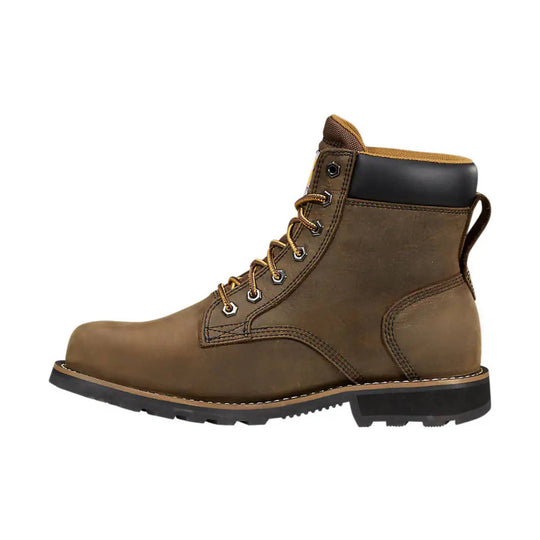 Brown lace-up work boot with a black padded collar and rugged tread sole