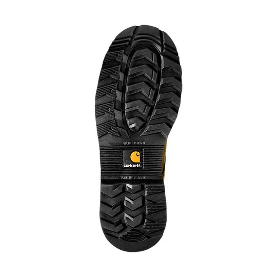 Black rugged work boot outsole with deep tread and Carhartt logo