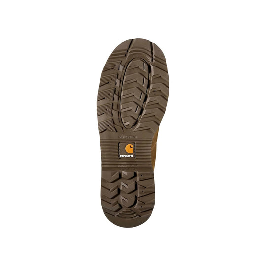 Brown work boot sole with rugged tread and Carhartt logo