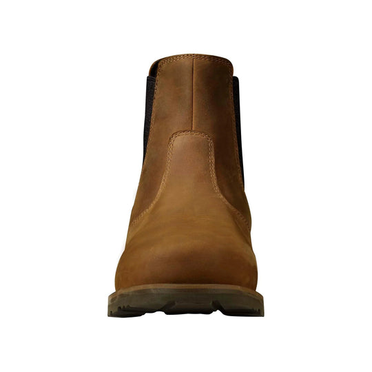 Brown Chelsea work boot with black elastic side panels and rugged tread sole