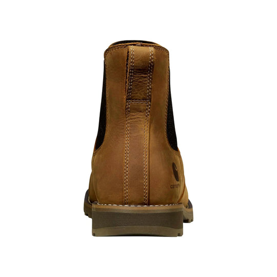 Rear view of a brown Chelsea work boot with black elastic side panels and a thick lug sole