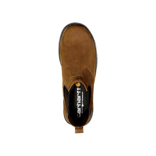 Brown Chelsea work boot viewed from above with a black Carhartt-branded insole