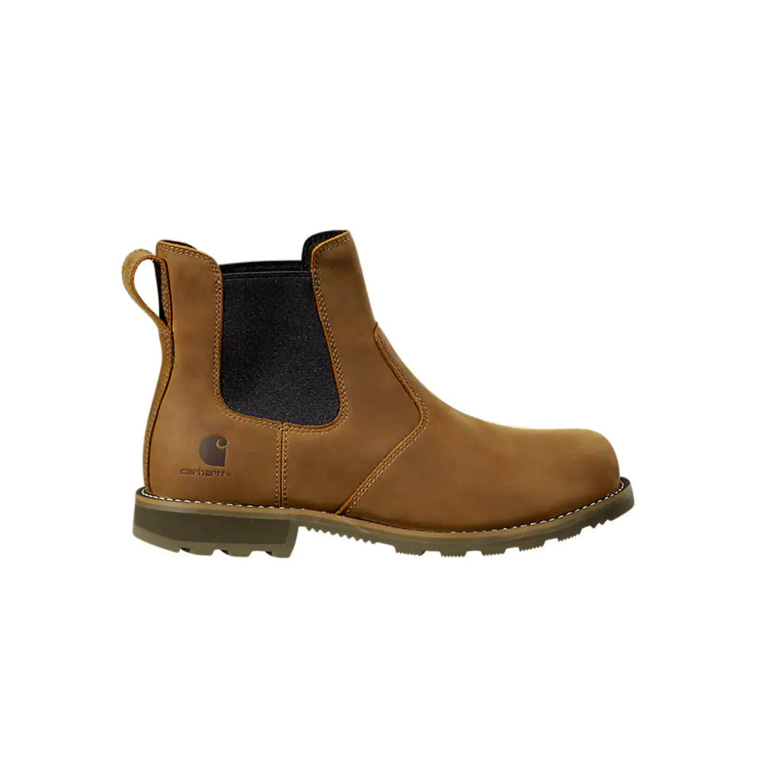 Brown Chelsea work boot with black elastic side panel and heel pull tab