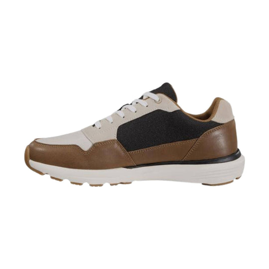 Low-top sneaker with brown leather overlays, black mesh sides, white laces, and a white sole