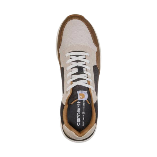 Tan and brown sneaker with white laces and mesh toe, shown from above