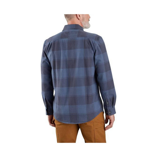 Blue plaid long-sleeve button-up shirt shown from the back