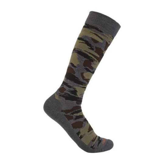 Tall camouflage knee-high sock with gray heel, toe, and cuff