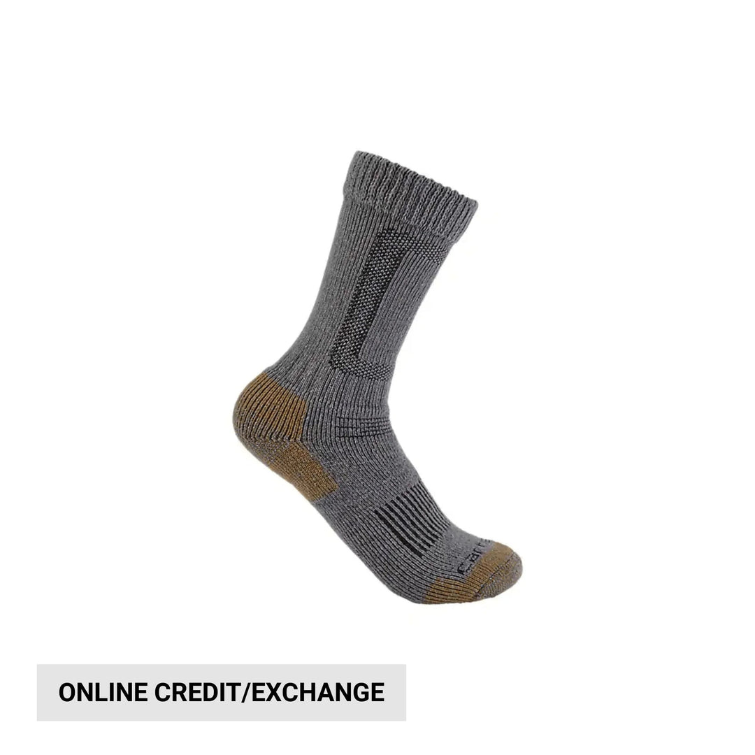 Gray knee-high boot sock with tan heel and toe and ribbed cuff