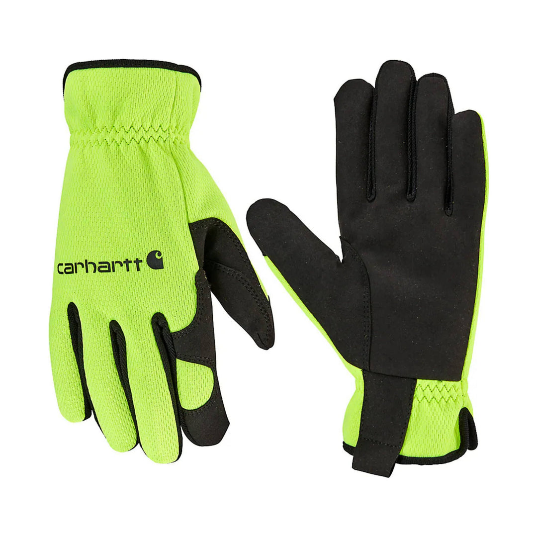 Hi-vis lime work gloves with black palms and Carhartt logo