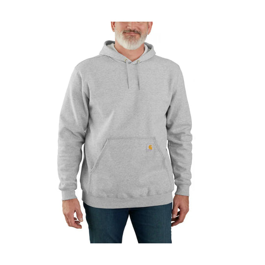 Person wearing a gray hoodie with a visible brand logo on a white background