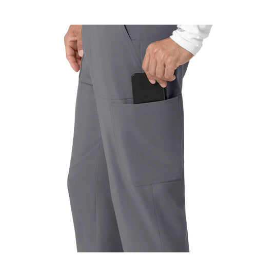Gray scrub pants with large cargo pocket and a phone partially tucked in