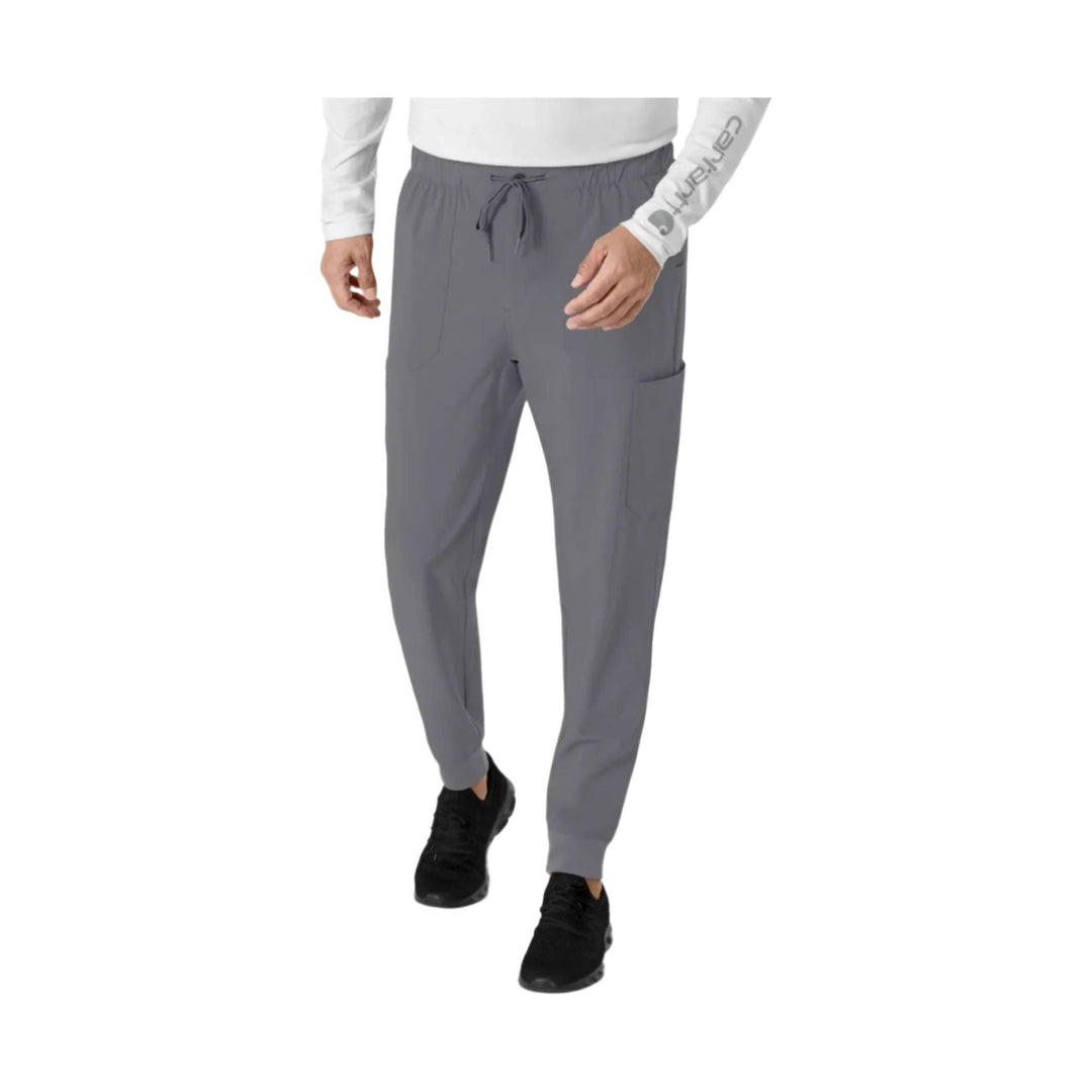 Gray jogger scrub pants with drawstring waist, cargo pocket, and tapered ankles