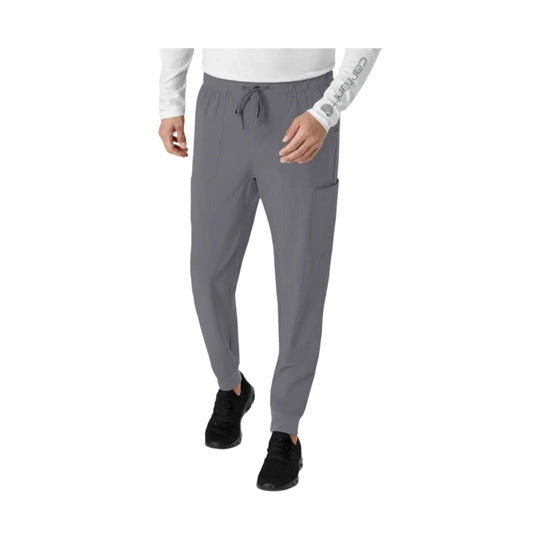 Gray jogger scrub pants with drawstring waist, cargo pocket, and tapered ankles
