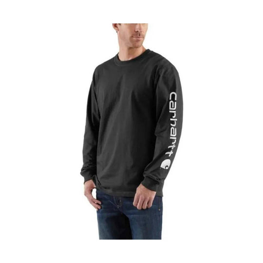 Man wearing a black long-sleeve shirt with a Carhartt logo on a white background