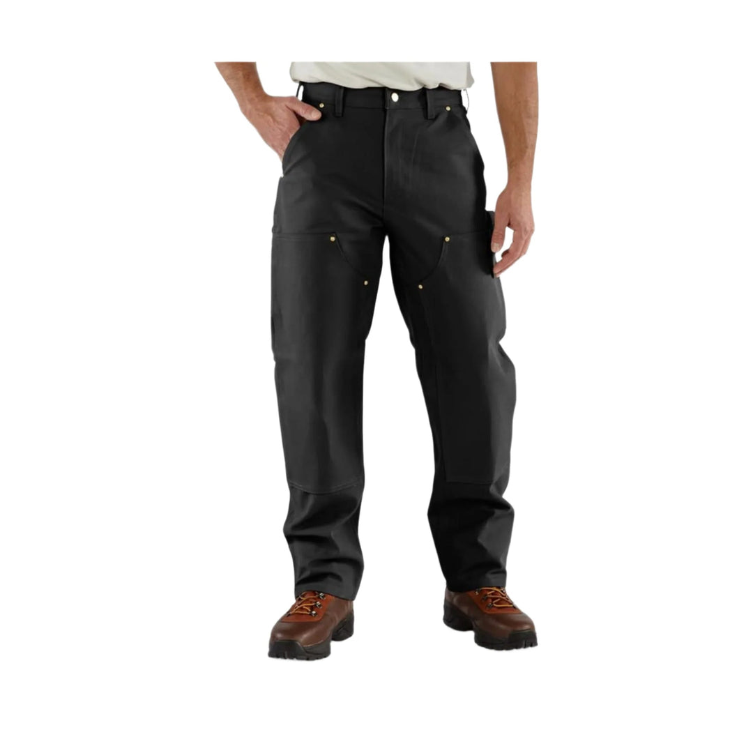 Black work pants with double front panels, cargo pockets, and brown work boots