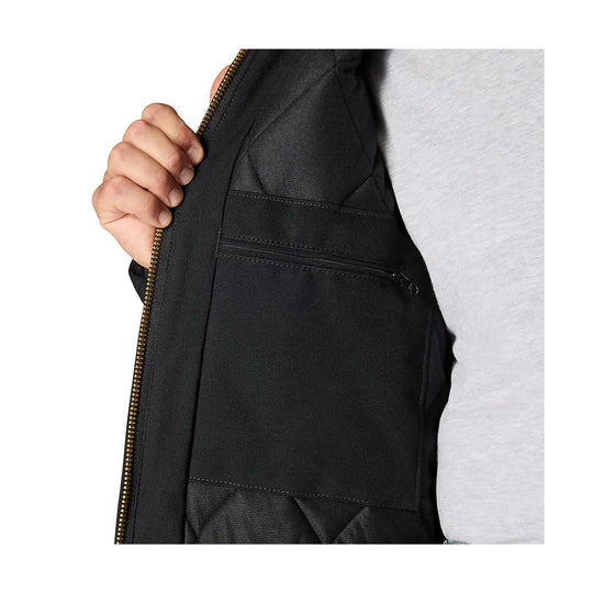 Black insulated jacket open at the front, showing a zip chest pocket and quilted lining