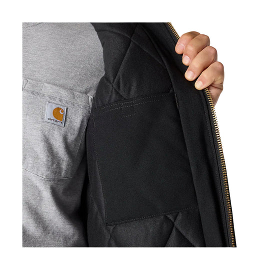 Black insulated jacket opened to show quilted lining and interior pocket