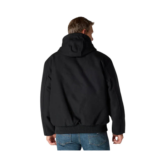 Black insulated jacket shown from the back, with a high collar and ribbed hem