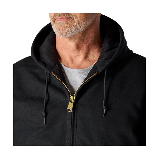 Black hooded zip-front jacket with gold zipper and drawstrings, shown over a gray T-shirt