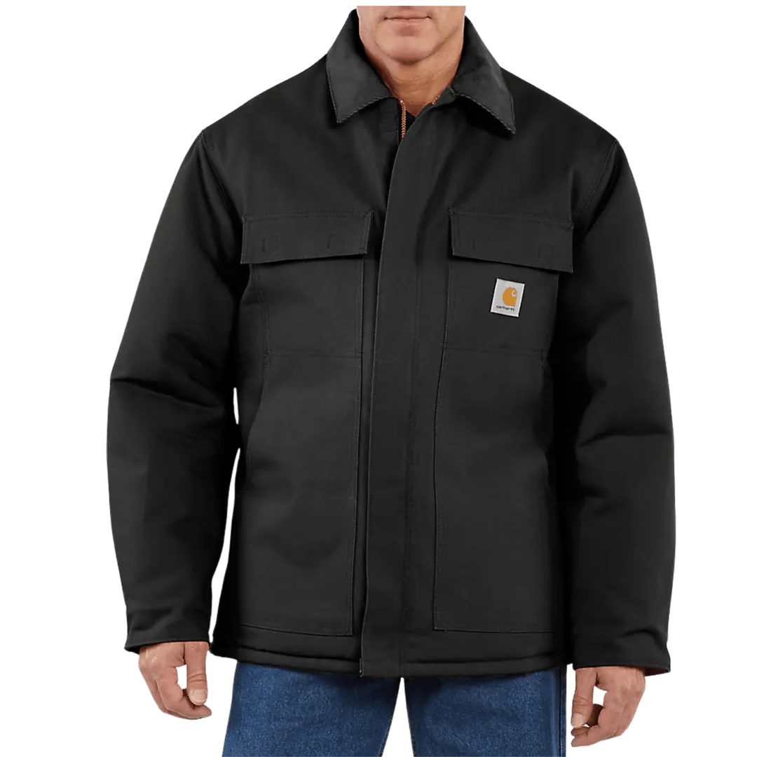 Black insulated work jacket with a corduroy collar, front zipper, and flap chest and hand pockets