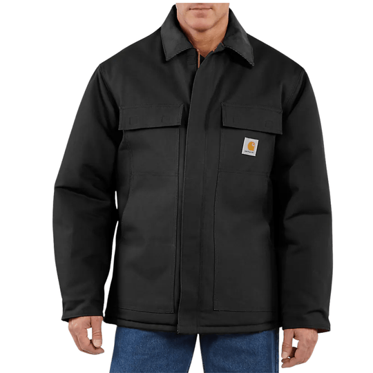 Black insulated work jacket with a corduroy collar, front zipper, and flap chest and hand pockets
