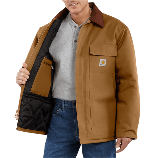Brown insulated work coat with black lining, large front pockets, and a Carhartt logo patch