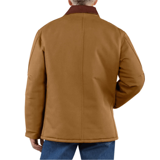 Brown insulated coat shown from the back with a high collar and long sleeves