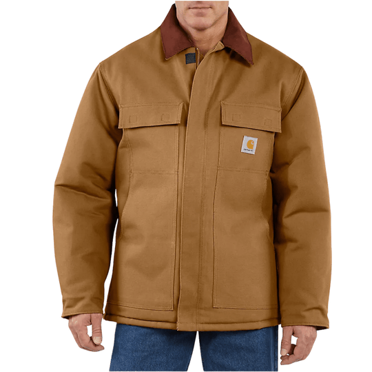 Brown insulated work jacket with corduroy collar, flap chest pockets, and a small Carhartt logo patch
