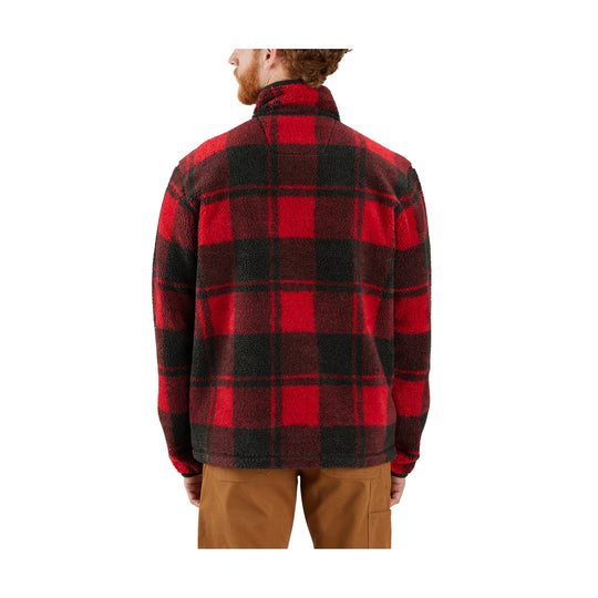 Red and black plaid fleece jacket shown from the back