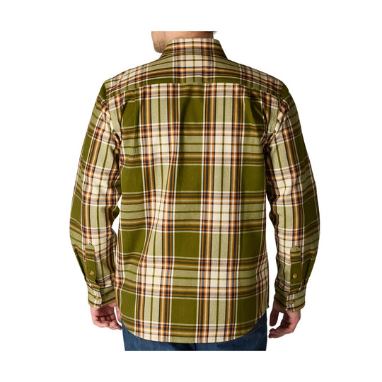 Plaid long-sleeve button-up shirt shown from the back in olive, cream, and orange tones