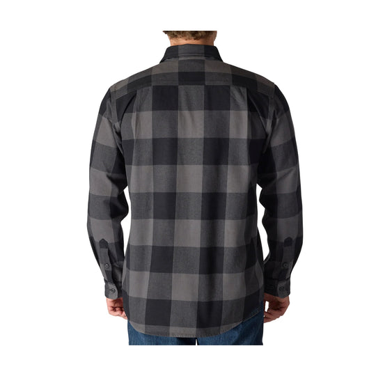Gray and black plaid long-sleeve button-up shirt shown from the back