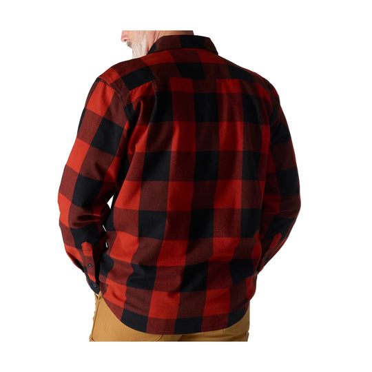 Red and black plaid flannel shirt shown from the back