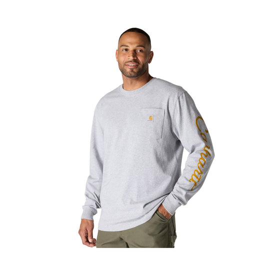 Light gray long-sleeve pocket T-shirt with small chest logo and script logo down the sleeve