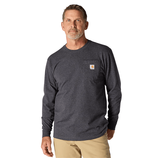 Dark gray long-sleeve crewneck shirt with a chest pocket and small square logo patch