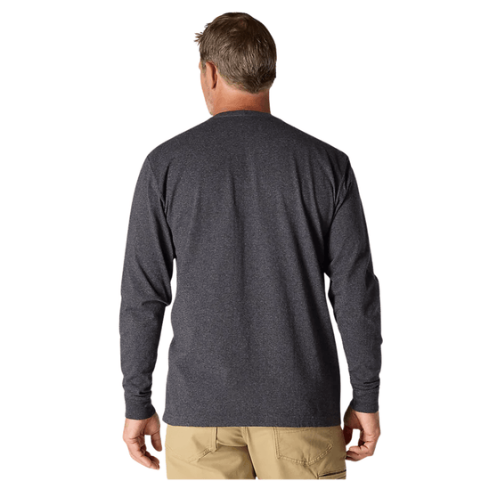 Dark charcoal long-sleeve crewneck shirt shown from the back