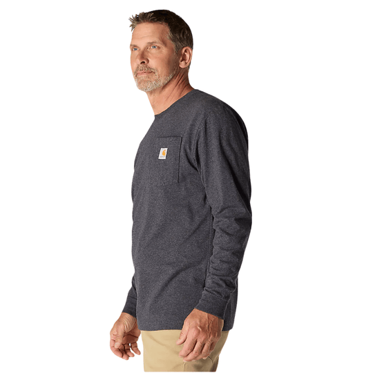 Dark gray long-sleeve pocket T-shirt on a male model, side view