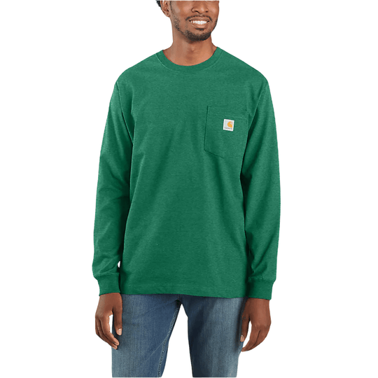 Green long-sleeve pocket T-shirt with a small chest logo patch