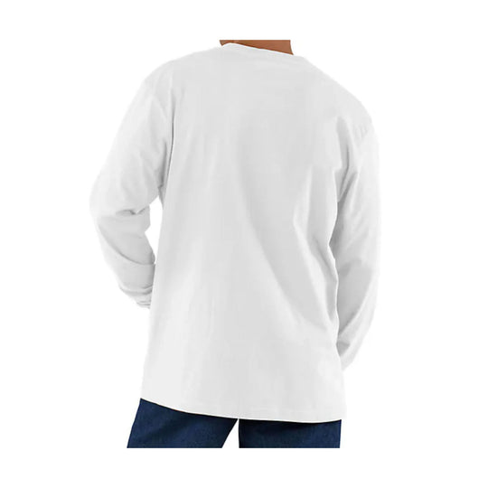 White long-sleeve shirt worn by a person on a white background