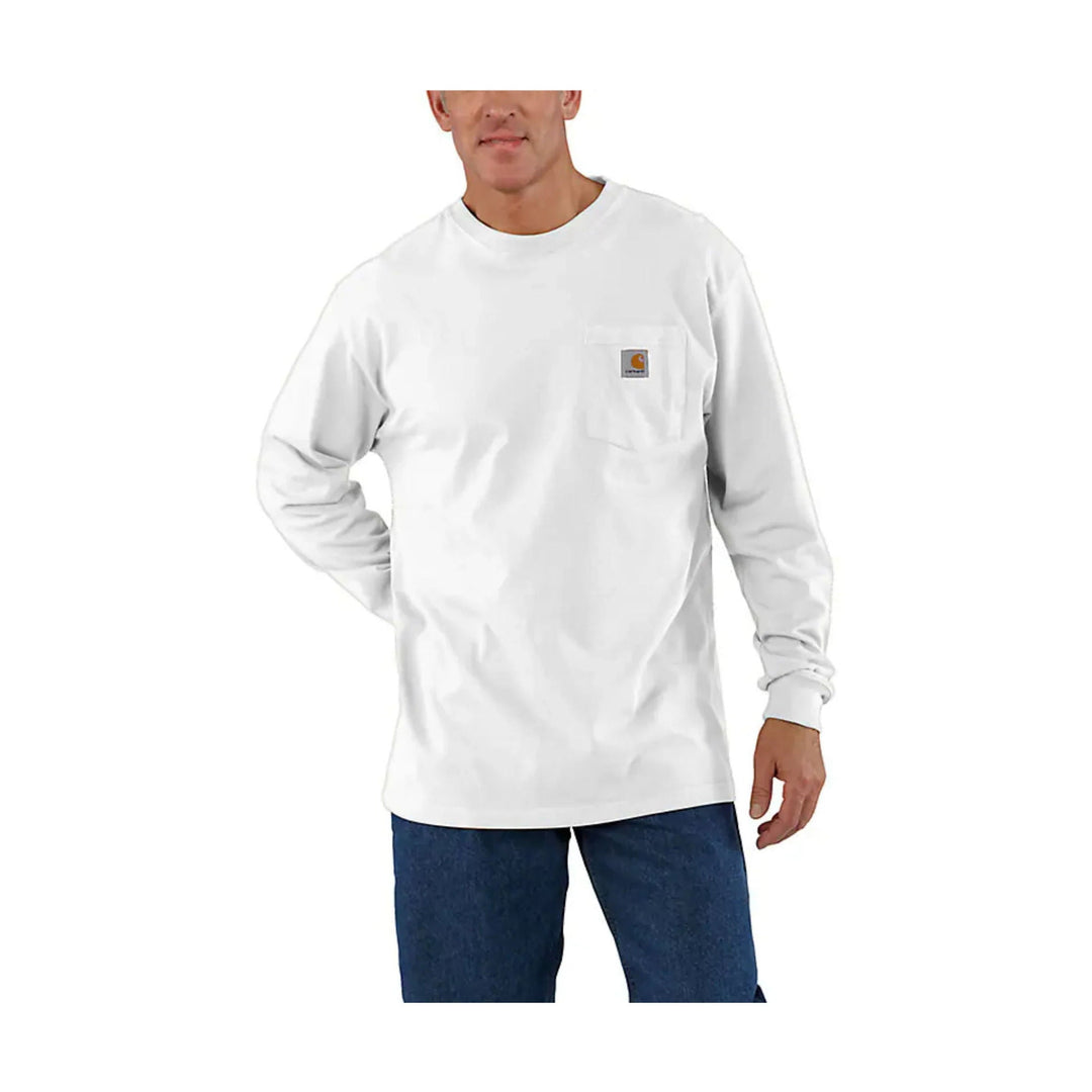 Person wearing a white long-sleeve shirt with a logo on a white background