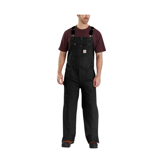Black insulated bib overalls with adjustable shoulder straps and multiple front pockets, worn over a maroon T-shirt