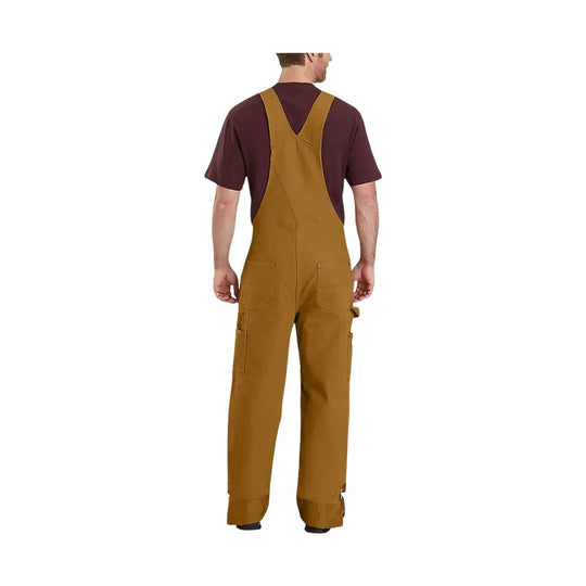 Brown bib overalls with adjustable shoulder straps, cargo pockets, and wide legs, shown from the back.