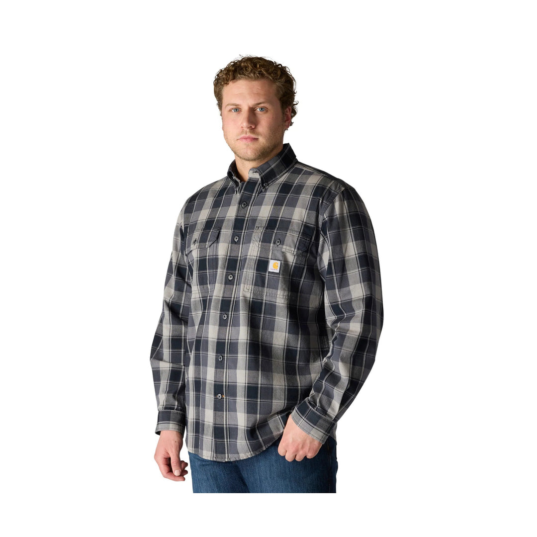 Black and gray plaid button-up work shirt with long sleeves and two chest pockets